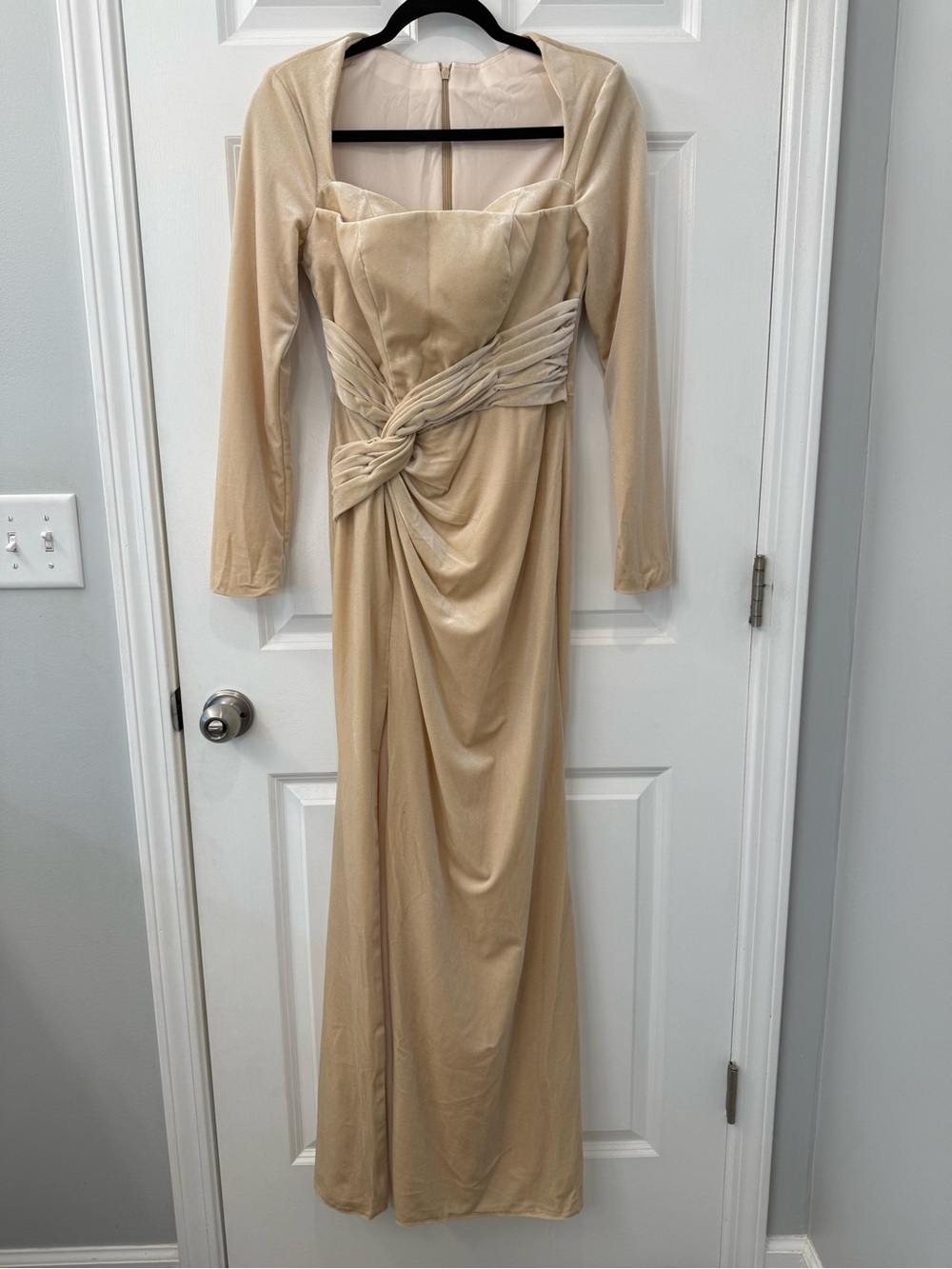 NEW Beige Velvet Long Sleeve Maxi Dress With Draped Waist Size 4